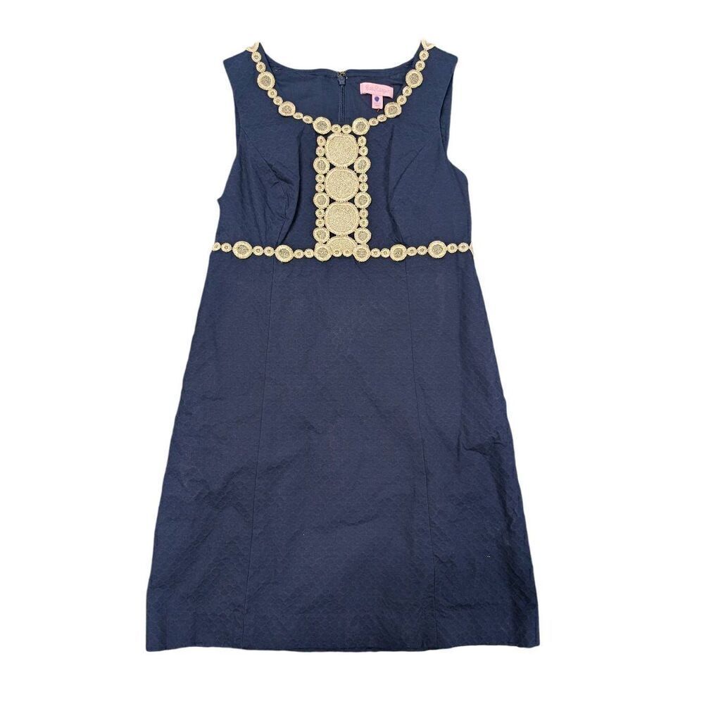 Lilly Pulitzer Dark Blue Gold Metallic Accents Sleeveless Sheath Lined Dress Wom